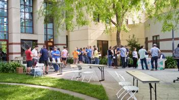 Outdoor crowd and tables